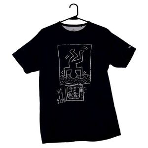KEITH HARING DESIGN BLACK TEE SHIRT WITH WHITE DESIGN